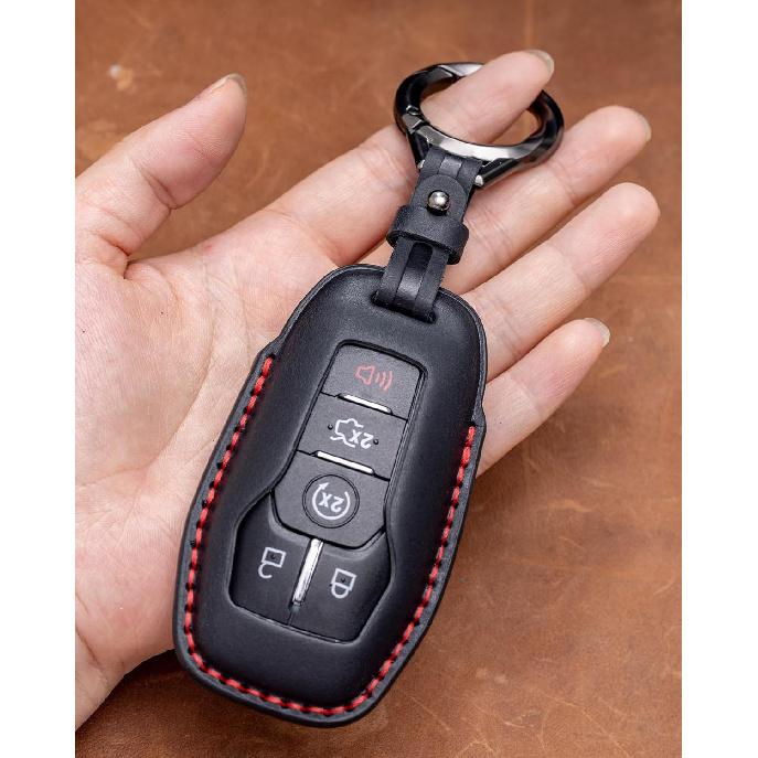 for Ford and for Lincoln Key Fob Cover Leather Car Key Chain Case Holder Compatible for Explorer Mustang Edge Fusion F150 MKZ MKC -Black