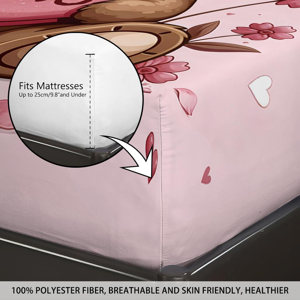 3pcs Valentine's Day Romantic Love Cartoon Bear Print Bed Sheet Set Multi Size Soft Bedcover Bedroom Bedding Festival Decoration