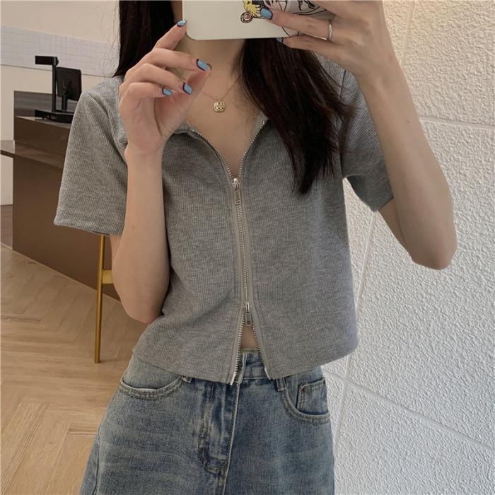 Short T-shirt for Women's Lapel Polo Shirt for Students Zipper Cardigan Slim High Waist Navel Short Sleeve Top Design Summer