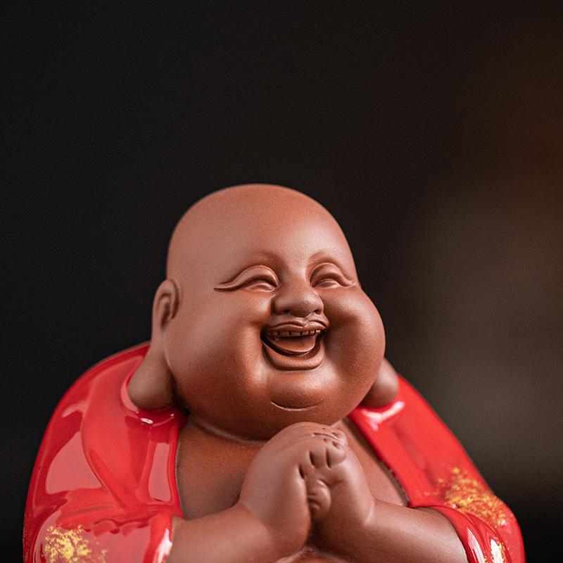 Chinese Zen Purple Clay Fortune Big Belly Maitreya Buddha Smiling Living Room Office Porch Desktop FENG SHUI Statue Decoration
