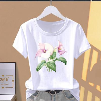 (Asiatische Größe) Grafisches T-Shirt T Kleidung Lässig Modetrend Blume Niedlich 90er Print Weiblich Lässig Damenoberteil Dame Kurzarm T-Shirt
