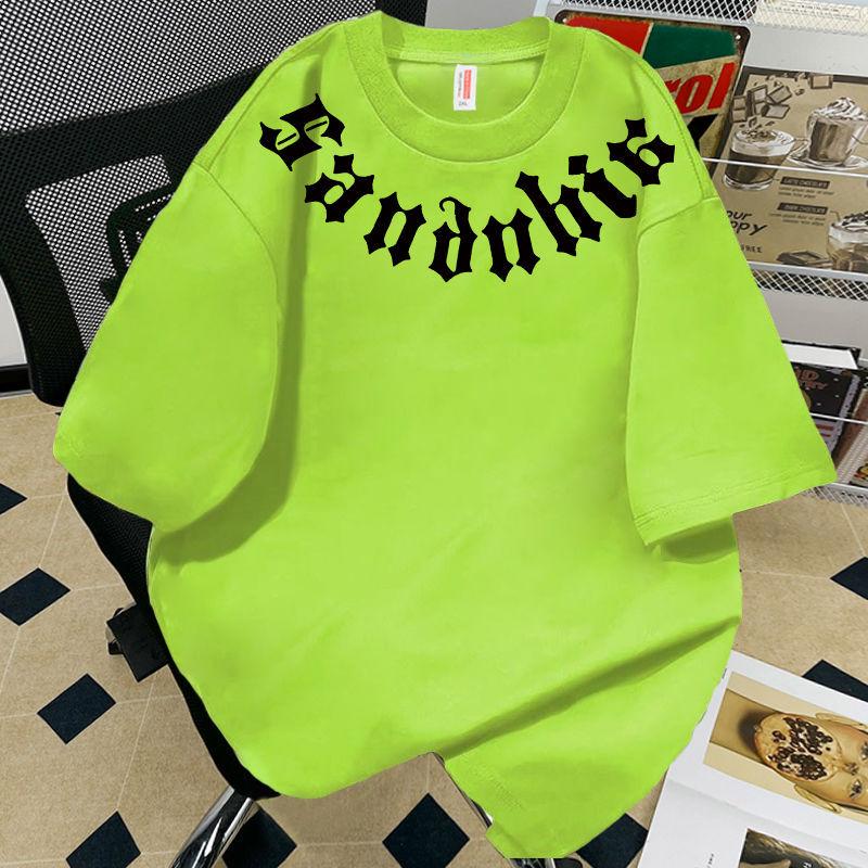 Unisex Fluorescent Green Cotton Letter Print T-Shirt, 190g Heavyweight, Short Sleeve - Men’s and Women’s Casual Top