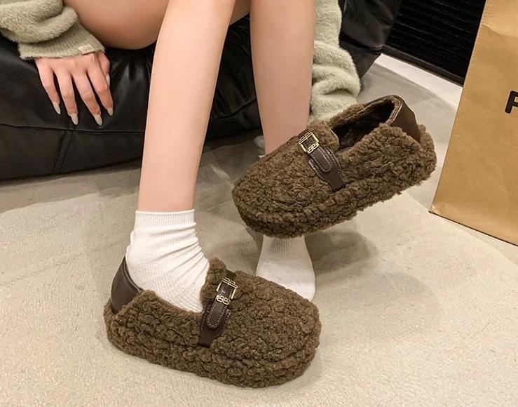 Fashion Luxury Sheep Fur Lined Loafers Women Lambswool Shoes Ladies Winter Slip On Furry Flats Cotton Wool Mocasine Femme Barefoot Boots