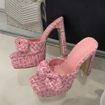 Mode Liyke Mode Pink Stoff Schleife Designer Sandale Eckige Zehenpartie Super Hohe Absätze Plateau Pantoletten Damen Sommer Party Bankett Schuhe