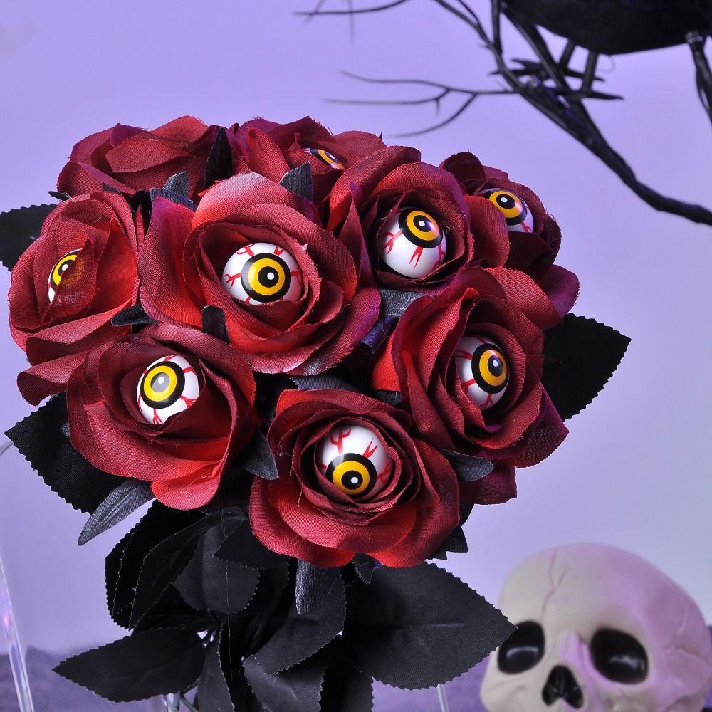 Black Red Roses Artificial Roses Eyeball Design Scary Horror Props Artificial Goth Halloween Home Decor Table Accessories