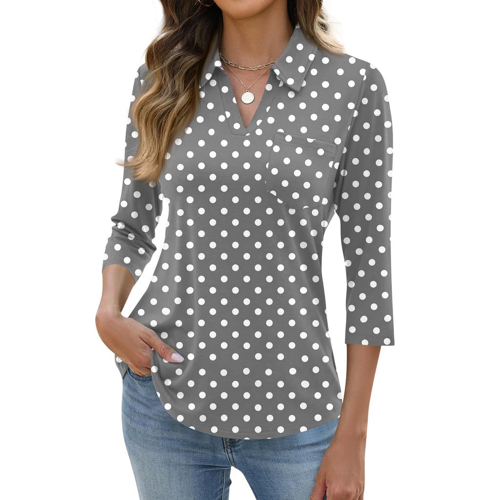Women's Fashion Casual Lapel Short 3/4 Sleeve Print Shirt Women's Up Tops