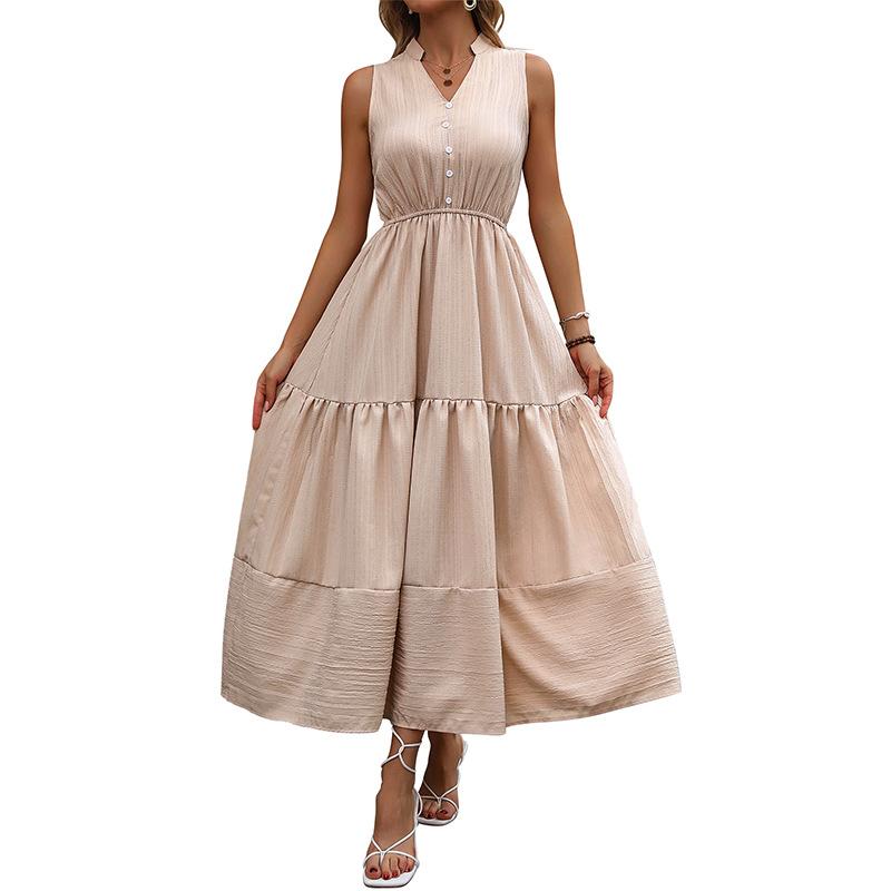 2025 new casual simple style high waist sleeveless solid color dress long skirt waist