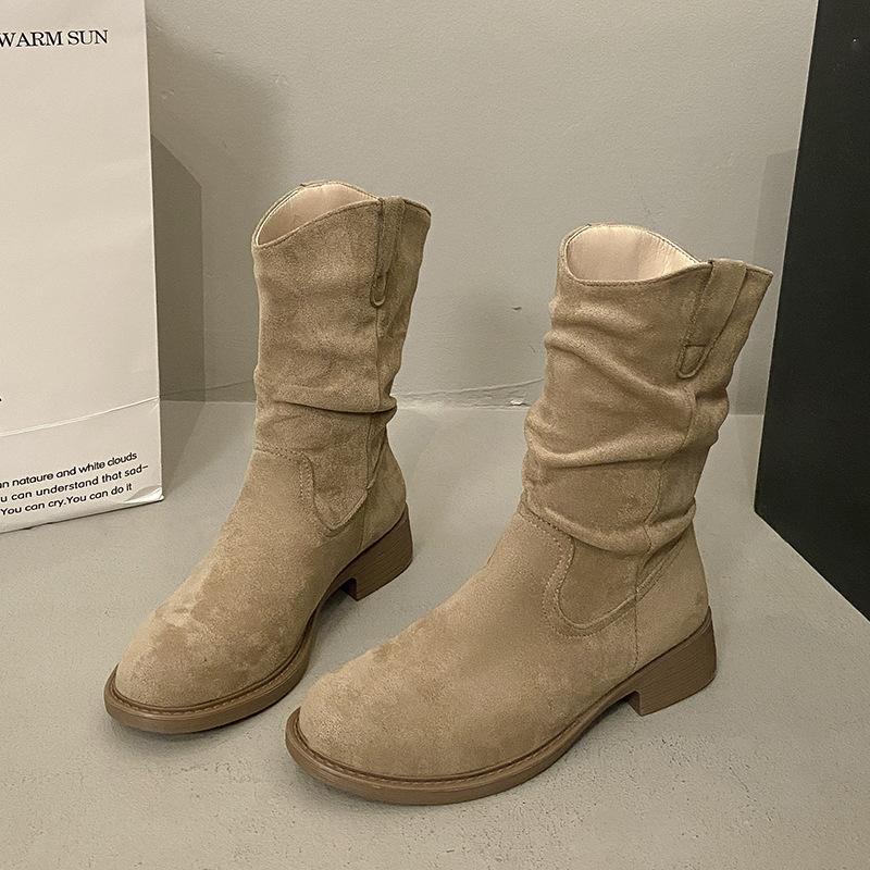 Vintage Western Cowboy Boots Women's 2025 Autumn New Maillard Medium Tube Stacking Boots New Travel Martin Short Boots