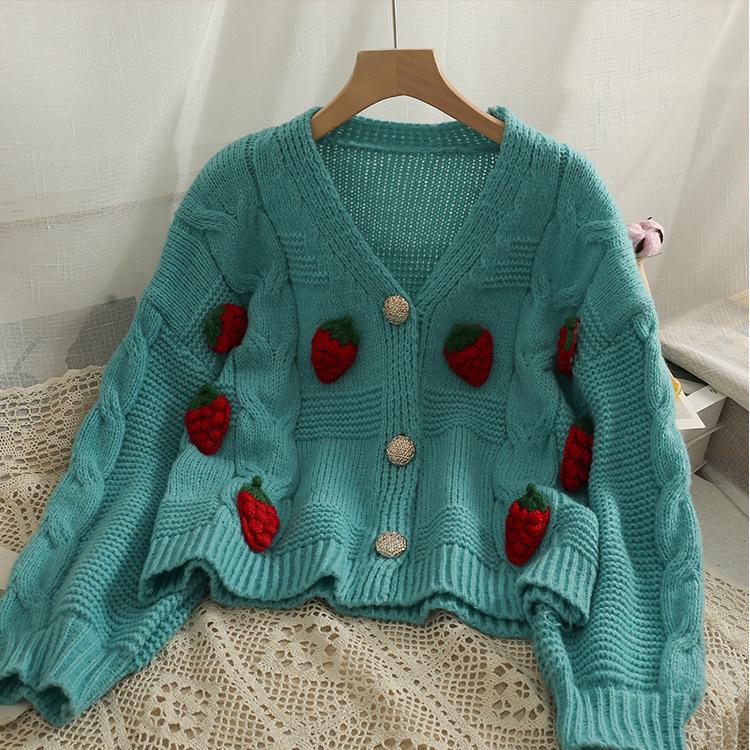 Donna Autunno Inverno Monocolore Fragola Casual Scollo a V Top Manica Lunga Maglieria Maglione a Maglia Cardigan