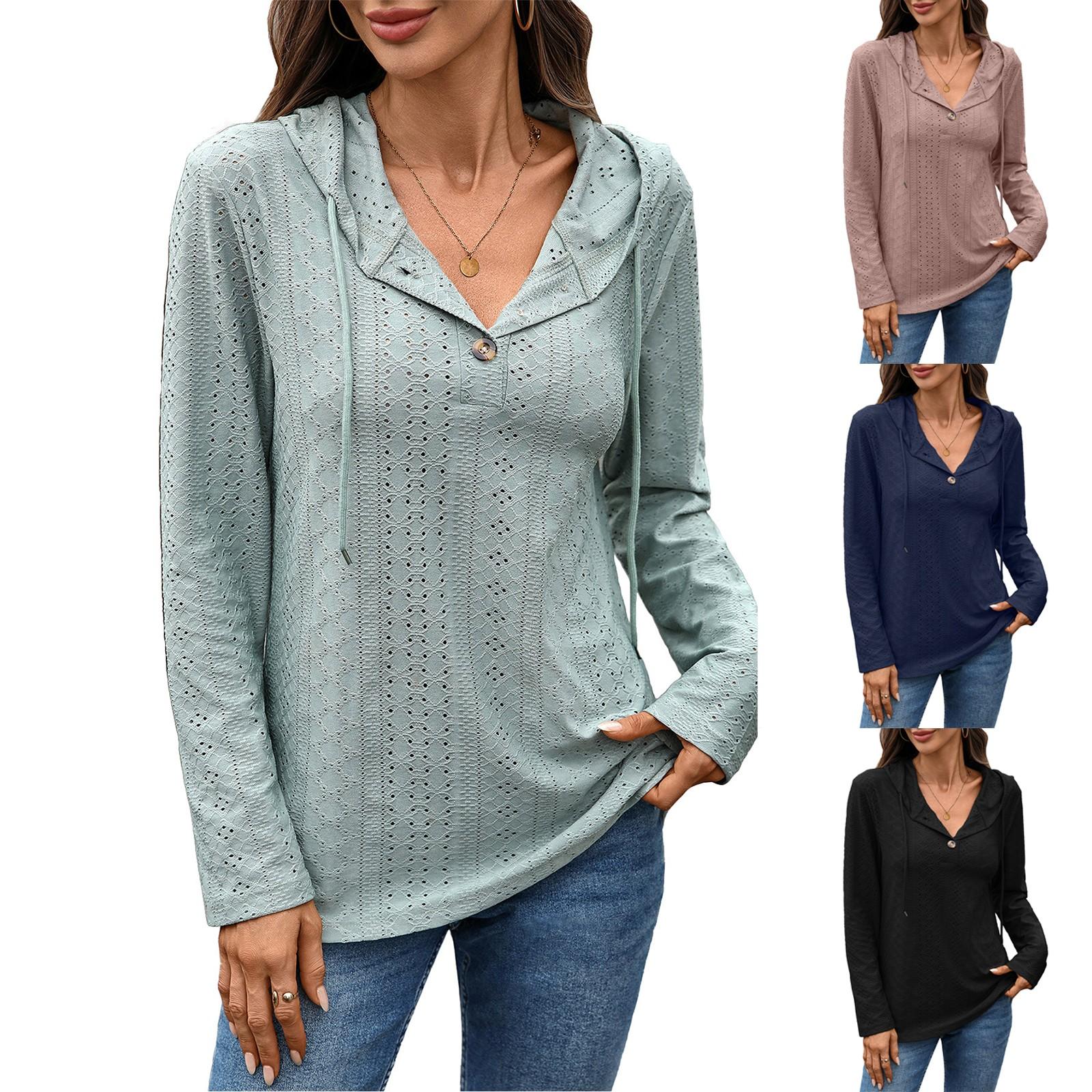 

Women s Fashion Solid Color Button Hooded Loose Long Sleeve T-shirt Top XXL Темно-синій