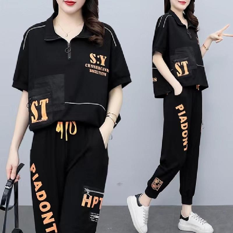 

Summer Plus Size Casual Sportswear Set Korean Loose Slimming Splice Short Sleeve Long Pants Two Piece Set Fashionable Brand 4xl чорний