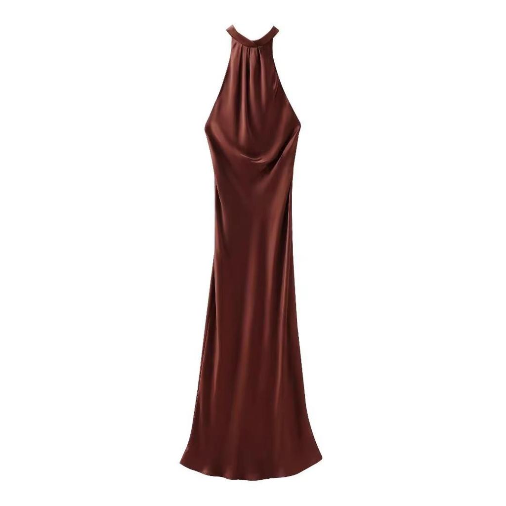 Vestido de Satén de Seda Europeo y Americano para Mujer, Delgado, sin Espalda