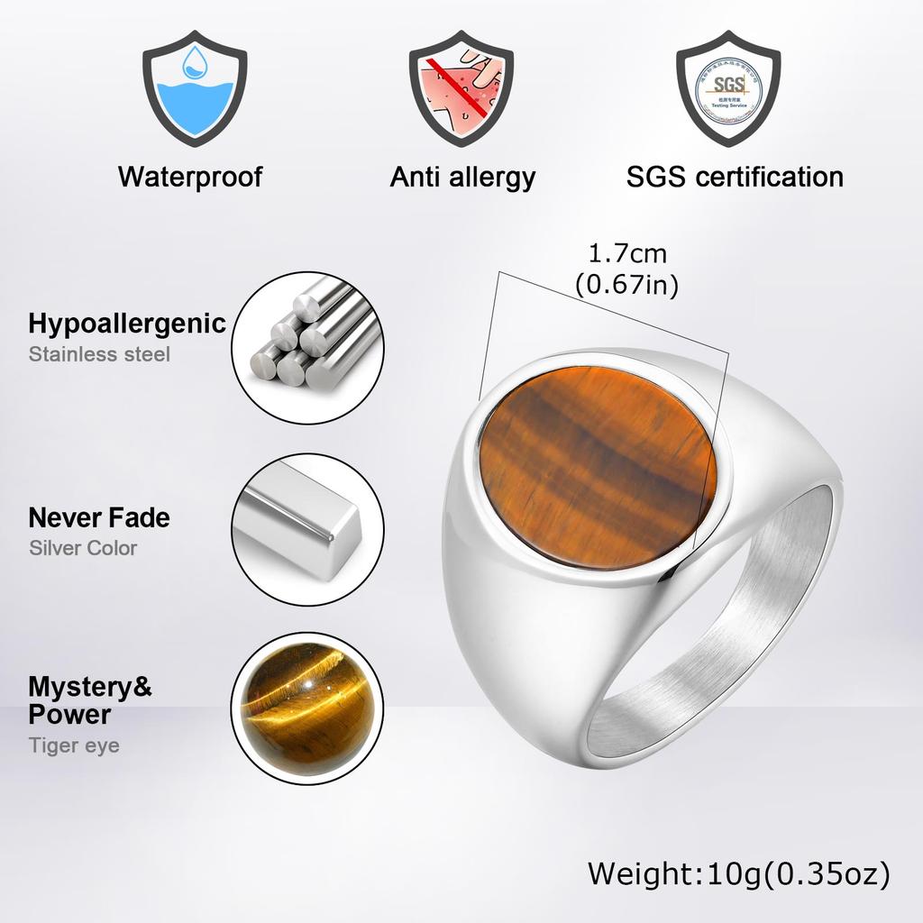 High Quality Round Natural Stone Chunky Ring, Fashion Blue Stone Stainless Steel Signet Ring for Men, Waterproof Classic Jewelry