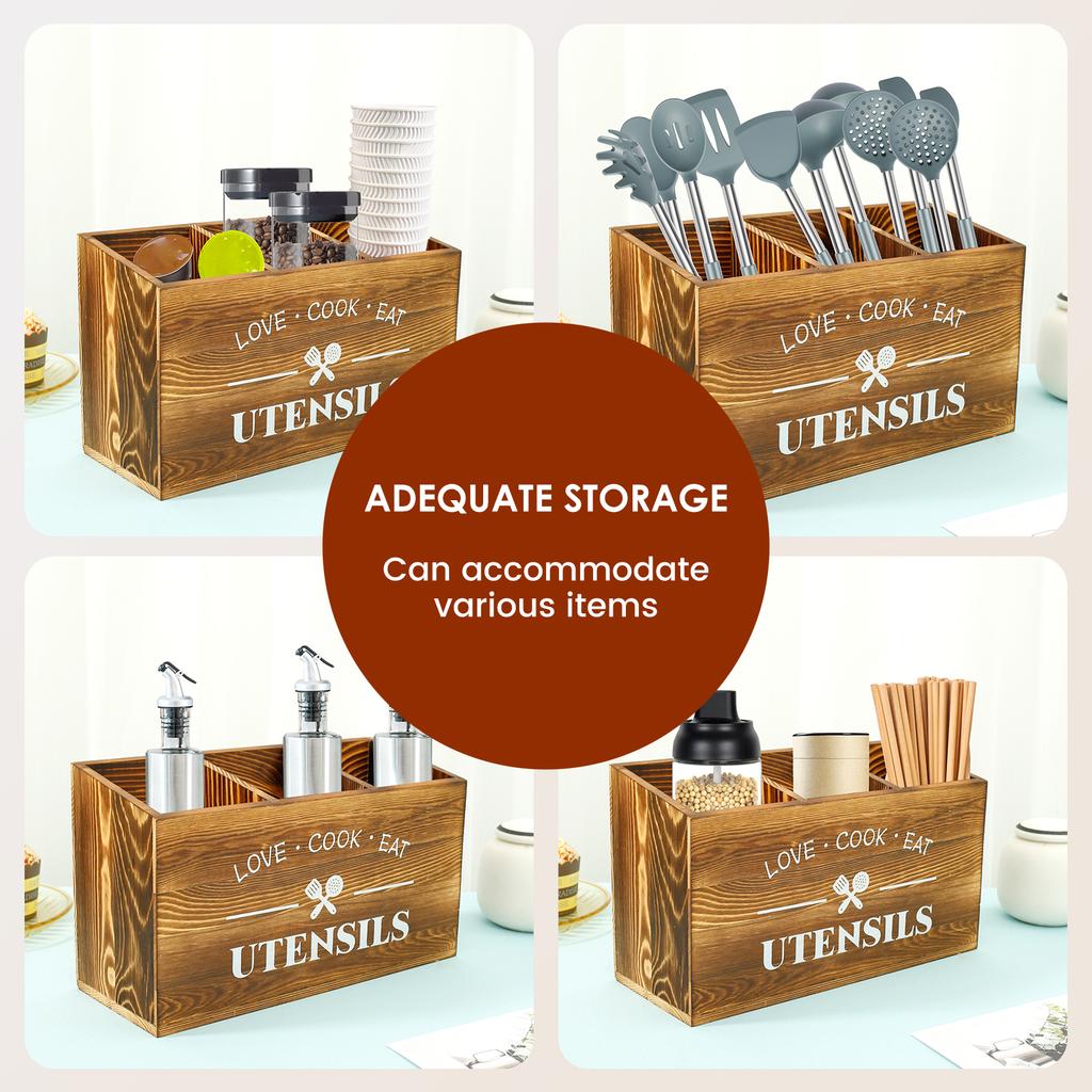 Organizér na kuchyňskou desku a úložný prostor na kuchyňské náčiní Dřevěný držák na kuchyňské náčiní 3 přihrádky Pevný držák na příbory