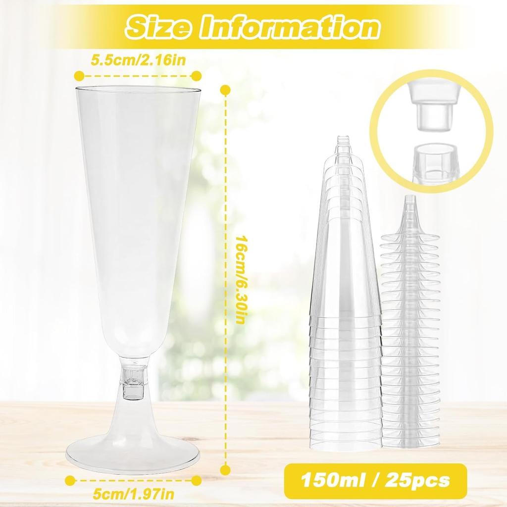 25Pcs Transparent Plastic Champagne Flutes, 150ml / 5oz Reusable Premium Cocktail Glasses, Clear Stemmed Prosecco Glasses, Elegant Party