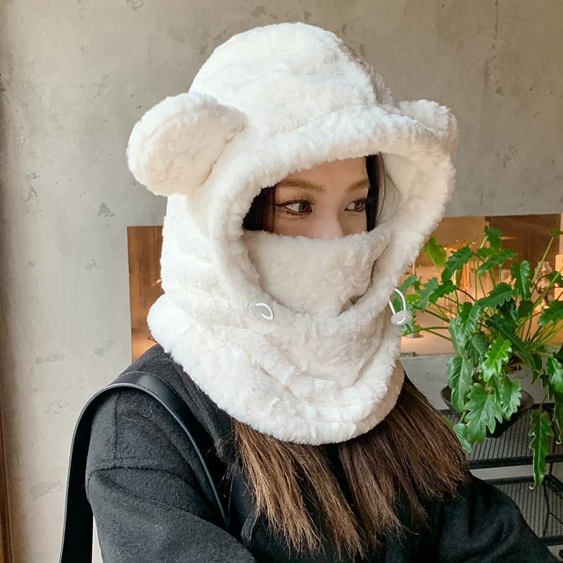 Bear Hat and Scarf Set for Women, Winter Warm and Cute Plush Ear-Protecting Lei Feng Hat, Cycling Three-Piece Set with Neck Warmer for Winter