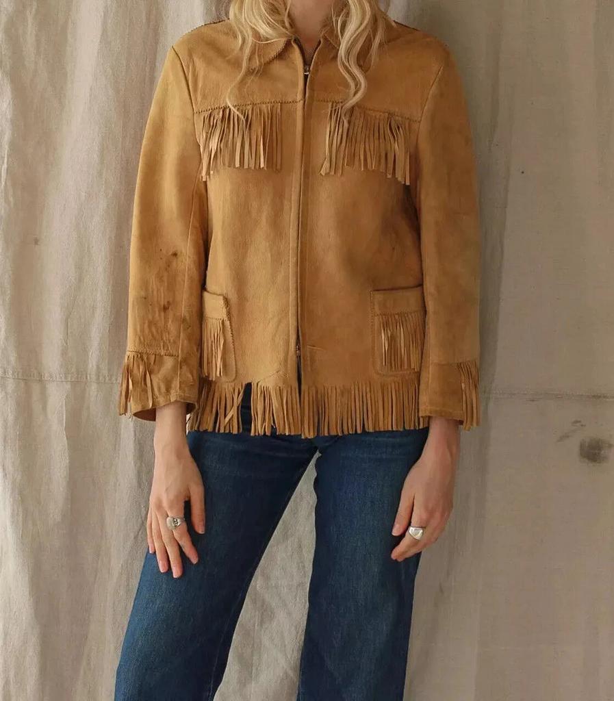 Motorcycle Fringed Lambskin Jacket Genuine Leather Suede Handmade Women Brown