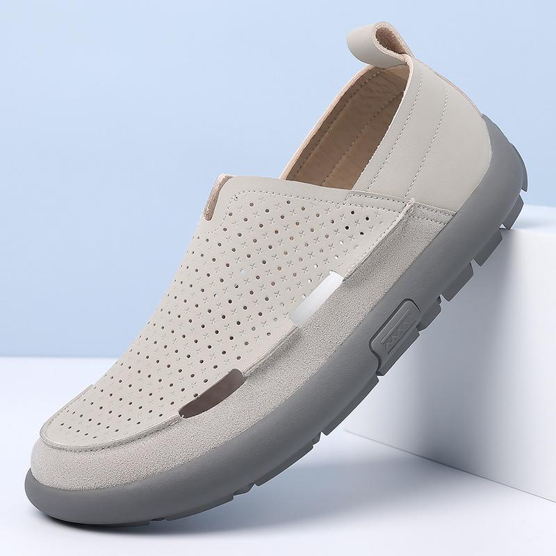 Summer New Men'S Casual Versatile Sandals Breathable Hollow Shoes Leather Shoes One-Step Trendy Men'S Comfortable Shoes