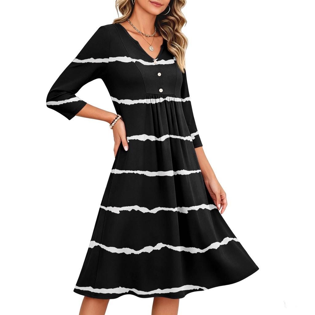 Damen Casual V-Ausschnitt Kleid mit Streifenmuster und 3/4 Ärmeln