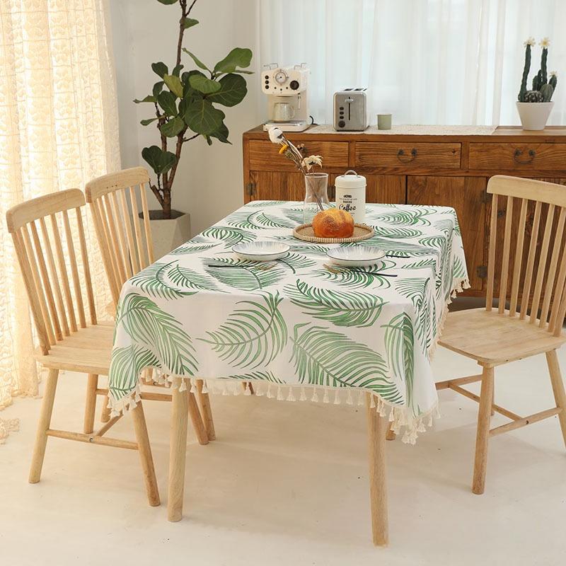Pastoral Style Cotton and Linen Tea Table Towel Fashionable and Minimalist Green Leaf Tablecloth Rectangular Tassel Table Cloth Large Size Table Cover