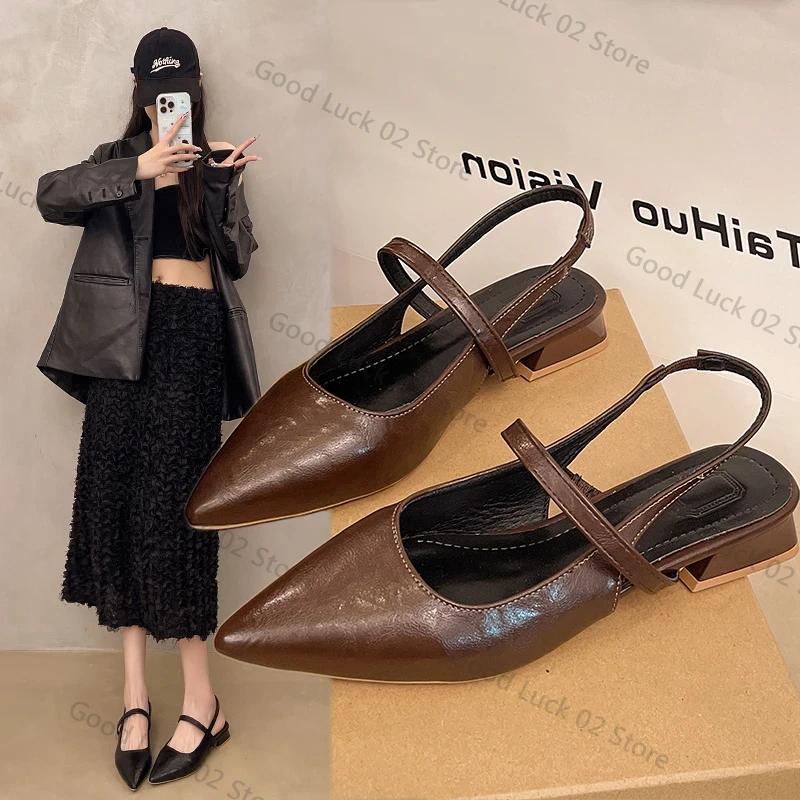 Fashion 2025 New Women Baotou Patent Leather One Line Buckle Strap Cat Heel Sandals Female Sexy Black Silk Pointed Thin Heel Flat Shoes