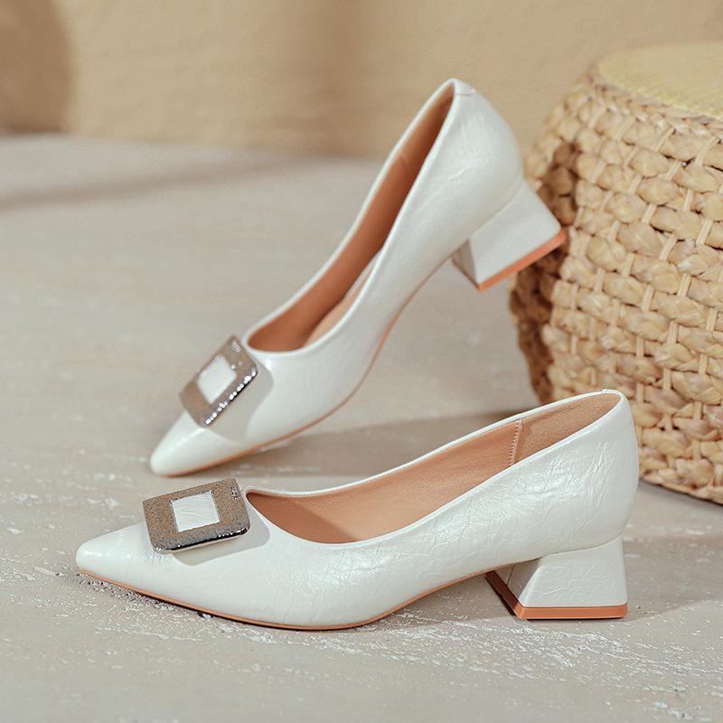 Pointed High Heels Thick Heels Are Not Tired Feet 2025 Spring New Large Size Women's Shoes Soft Leather Comfortable Shallow Low Heel Single Shoes