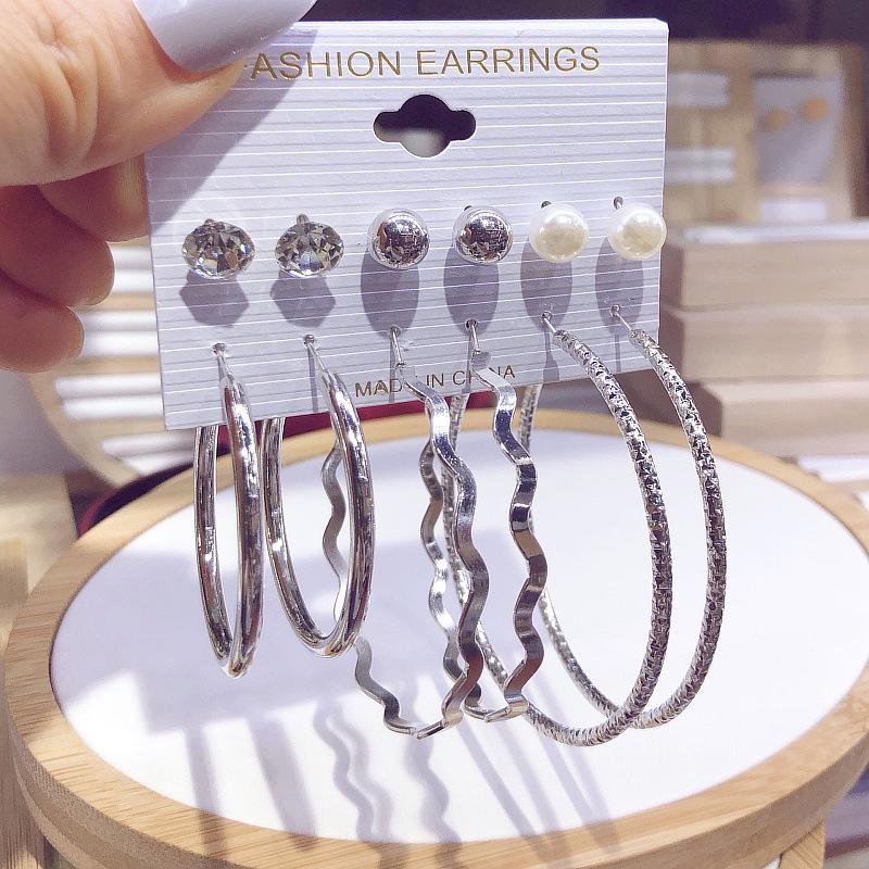 6 Pair Fashionable Alloy Circle Earrings Women'S Stud Earrings Attractive Multi-Element Jewelry Set Elegant Ear Jewelry