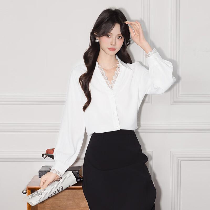 Women's Polo Collar Lace Trim Long Sleeve Shirt