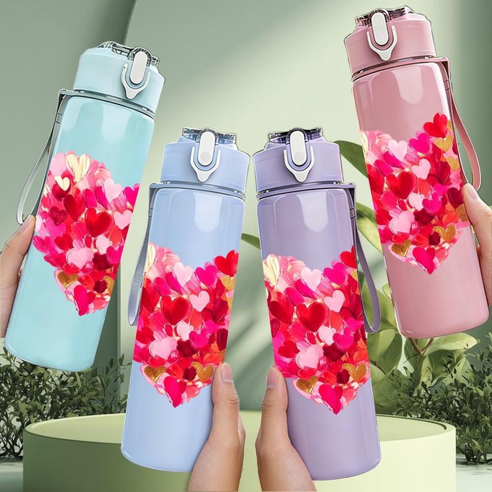 1PC Red Glitter Heart Love Art Print 750ml Color Plastic Sports Water Bottle Leakproof Flip Straw Lid Suitable for Sports Office Home Use
