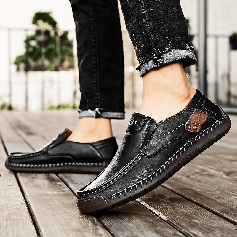 Hand-stitched Men's Outdoor Casual Shoes,Slip-on Flat Leather Shoes,Spring Breathable Plus Size Loafers