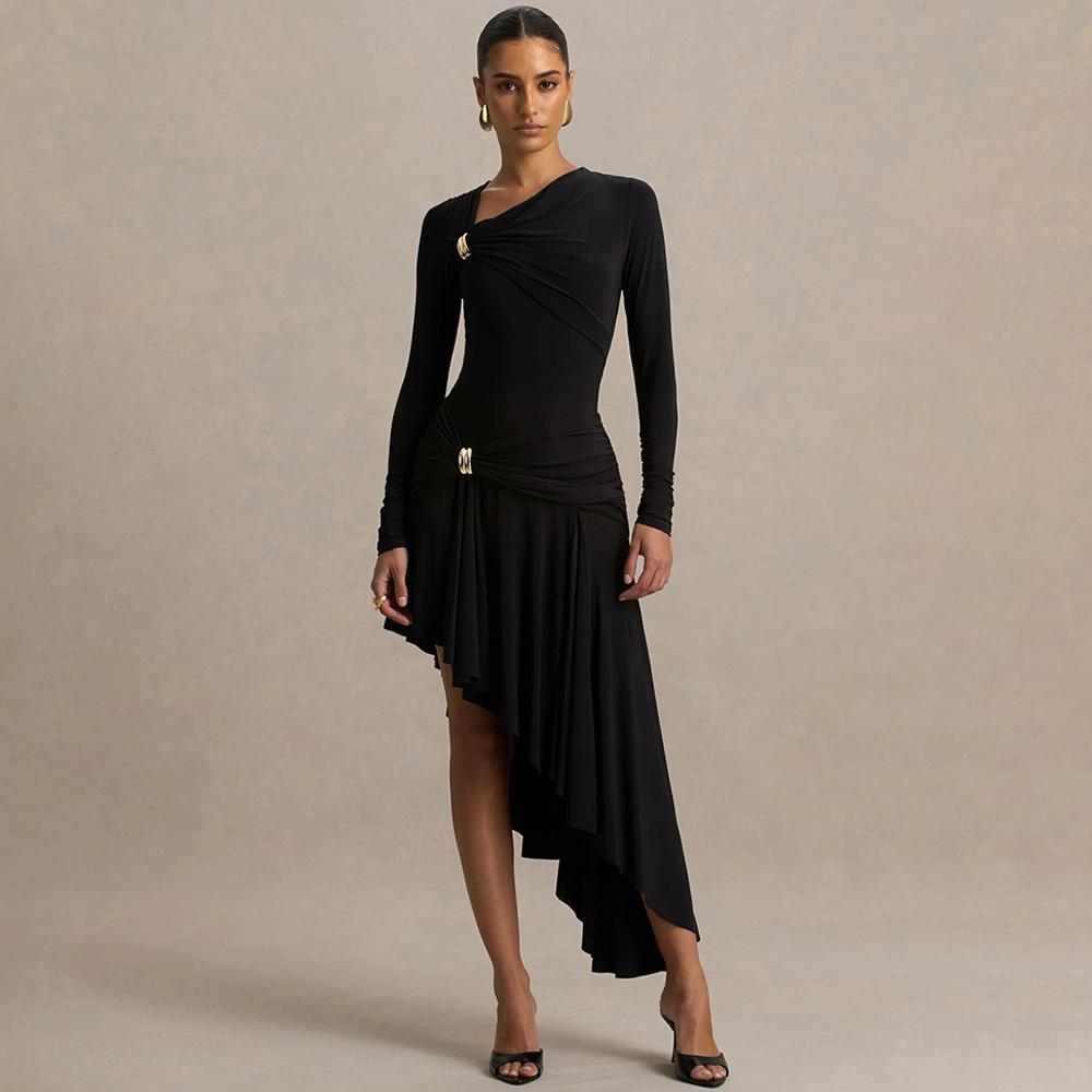 Spring 2026 Women s Slim Sexy Ruched Irregular Dress Small чёрный