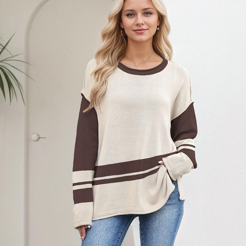 

Женский осенне-зимний пуловер с длинным рукавом, круглым вырезом и цветными блоками, теплый вязаный свитер, трикотажный топ XL