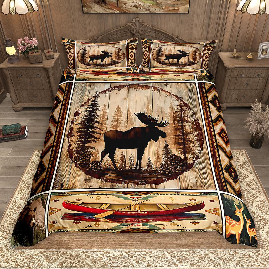 Homewish Rustic Farmhouse Lodge Cabin Duvet Cover Set 2pcs/3pcs, Moose Deer Bear Bedding, Woodland Animal Comforter Cover Set