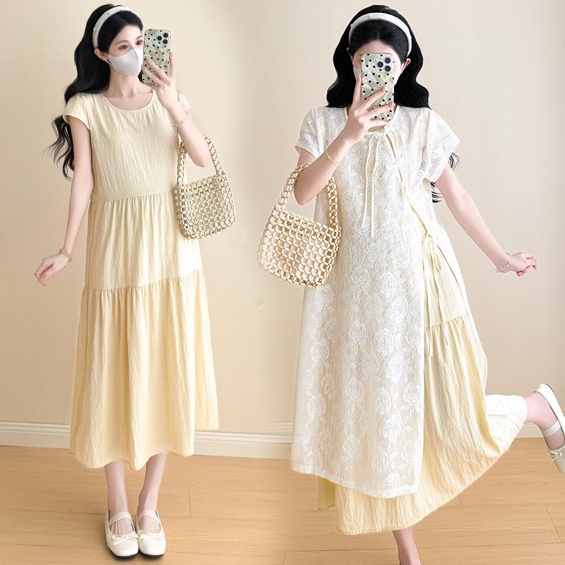 

“Summer Maternity Qipao Two-Piece Set: Frog Button Short Sleeve Cover-up + Long Vest Dress” Medium