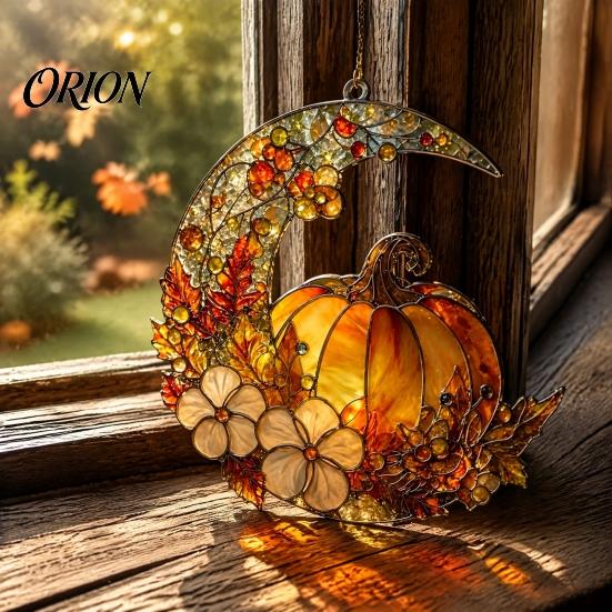 Warm Orange Pumpkin Moon Decor Stained Glass Suncatcher, Acrylic Crescent Window Hanging with Handmade Colorful Light Shadow Art Flowers Leaves, Fall