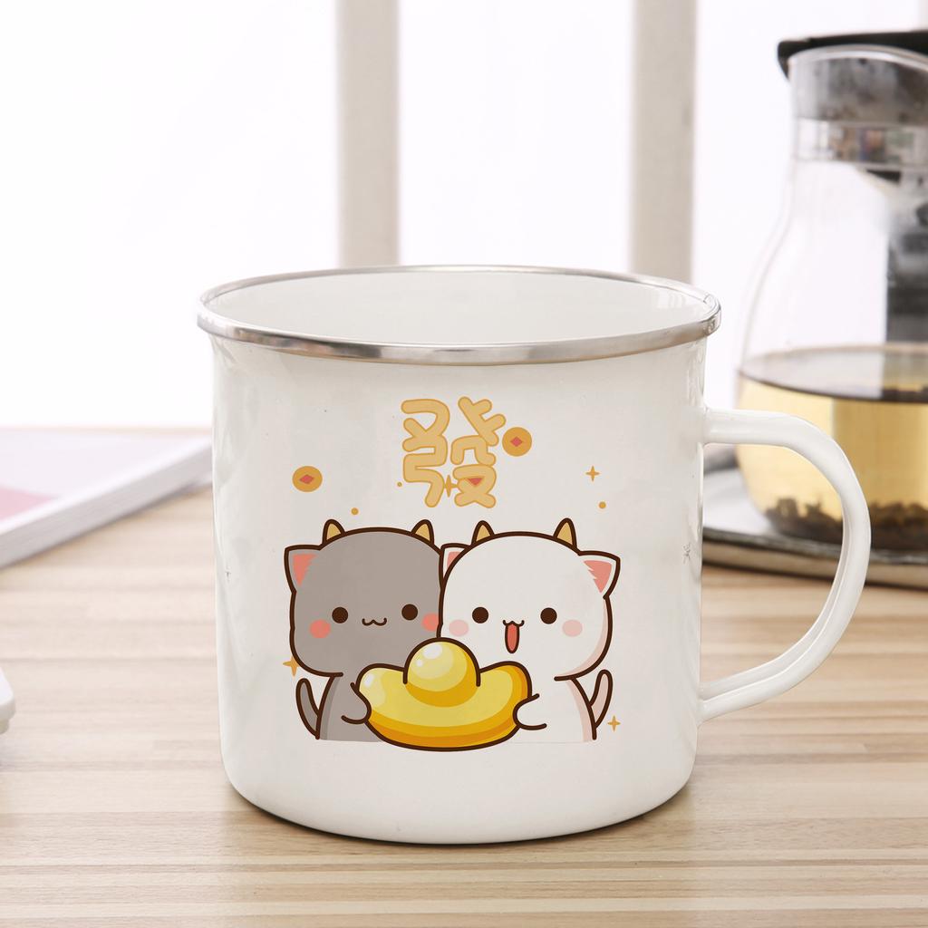 New Peach and Goma Cat Enamel Coffee Tea Cup Cute Animal Breakfast Dessert Milk Water Cup Couple Gift Original Breakfast Cups