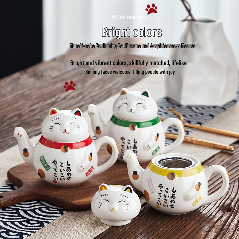 Japanese Lucky Cat Ceramic Teapot Set – One Pot, Two Cups, Filtered Tea Souvenir Gift