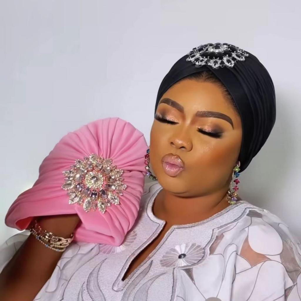 African Women's Headscarf Hat , Aoto Gele Fashion Style African Women's Folding Caps With Diamond Hair Buckle