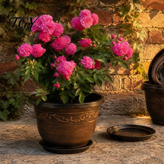 Balcony Garden Pots Resin Flower Planters, Vintage Plant Pot with Drainage Hole & Saucer, Lightweight Style Holders for Indoor Outdoor, Retro