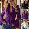 Women Shirt V-neck Ruffle Trim Flared Long Sleeve Casual Tops Pure Color Office