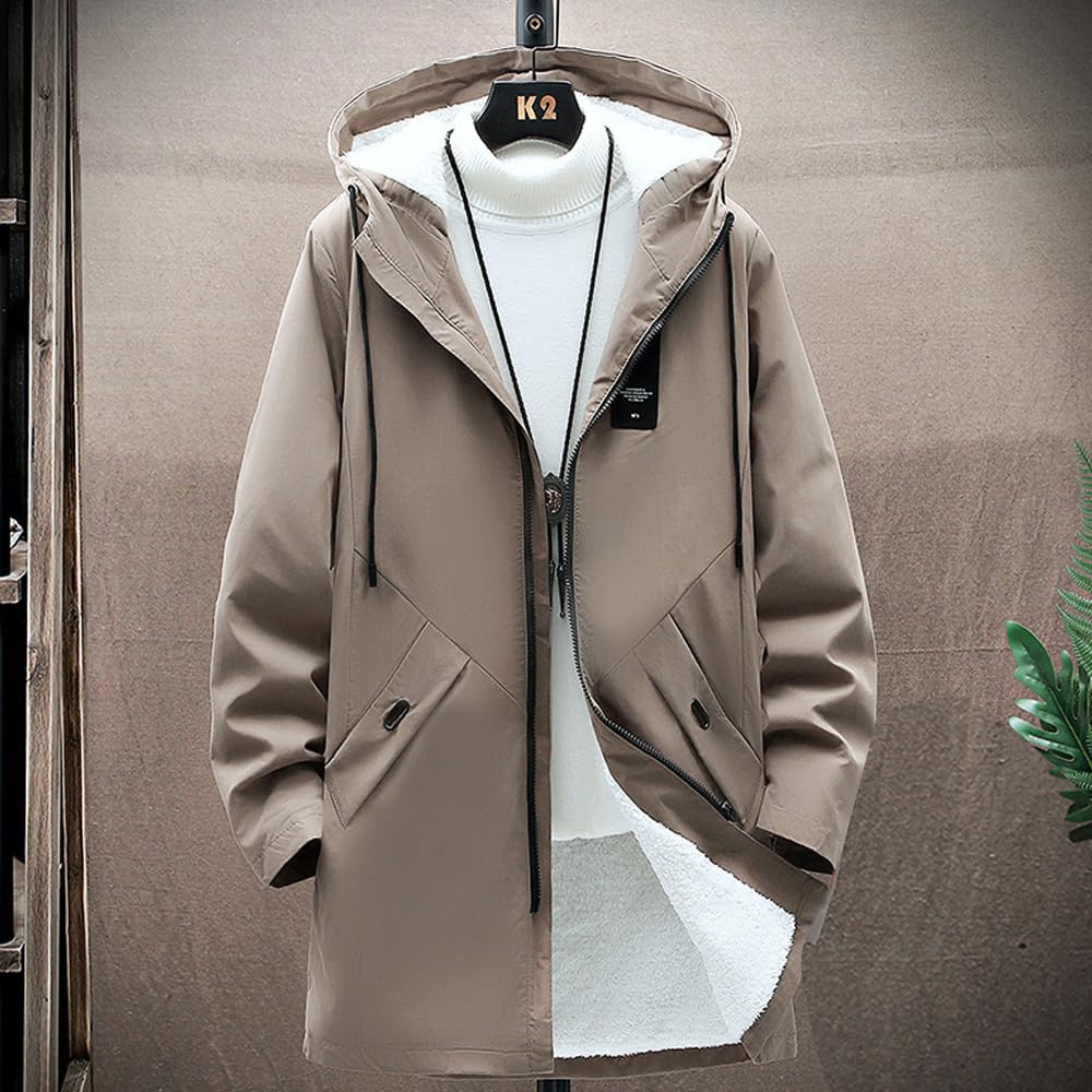 Aaronlive Men's Fleece-Lined Jacket, Warm, Thick, Cold-Wearing, Casual, Plus Size, Fall/Winter Wear, Coffee, Size L