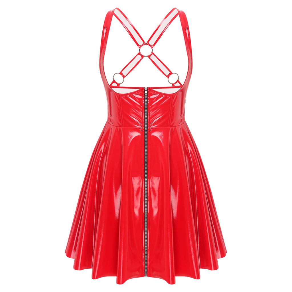 Mouwloze gothic punkjurk voor dames met lage halslijn, ritssluiting aan de voorkant, gekruiste A-lijn en glanzende wet-look, geschikt voor in de club.