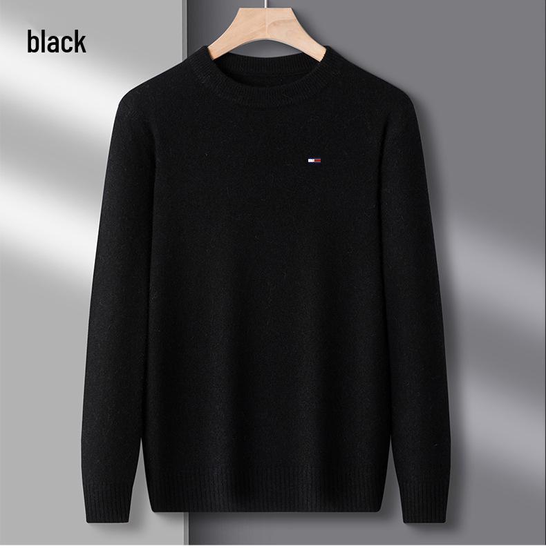 Men's American Tommy Wool Round Neck Thickened Cashmere Sweater - Casual Solid Color Knit Pullover