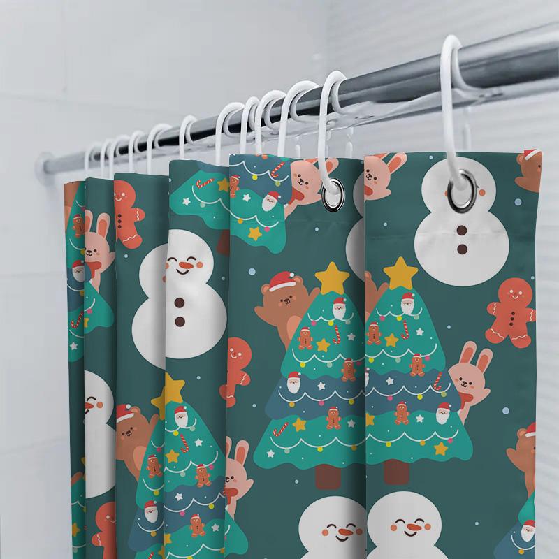 Xmas Shower Curtain Waterproof Fabric Christmas Tree Cartoon Santa Claus Snowman Bunny Rabbit Cute Print Bathroom Decor