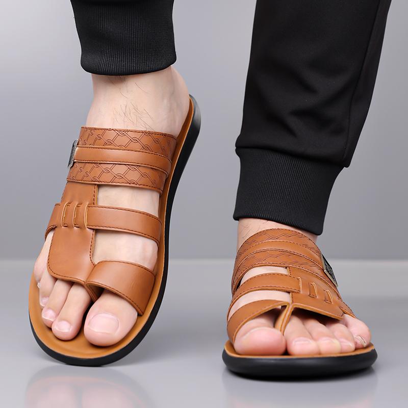Men Black Leather Slippers Handmade Simple Flats Summer White Outdoor Roman Sandals Brown Open Toe Beach Shoes Plus Size