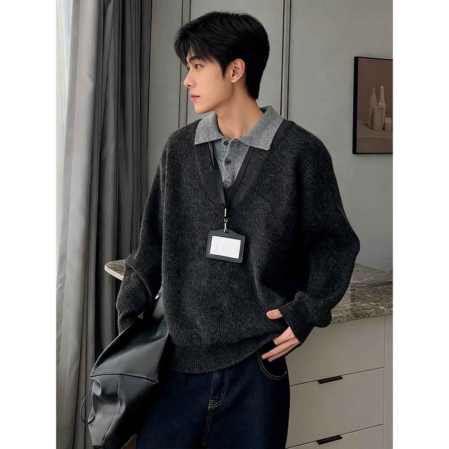 

Men s V-Neck Sweater: Old Money Style, Two-Piece Look, Autumn/Winter Knit Polo Shirt XL темно-сірий