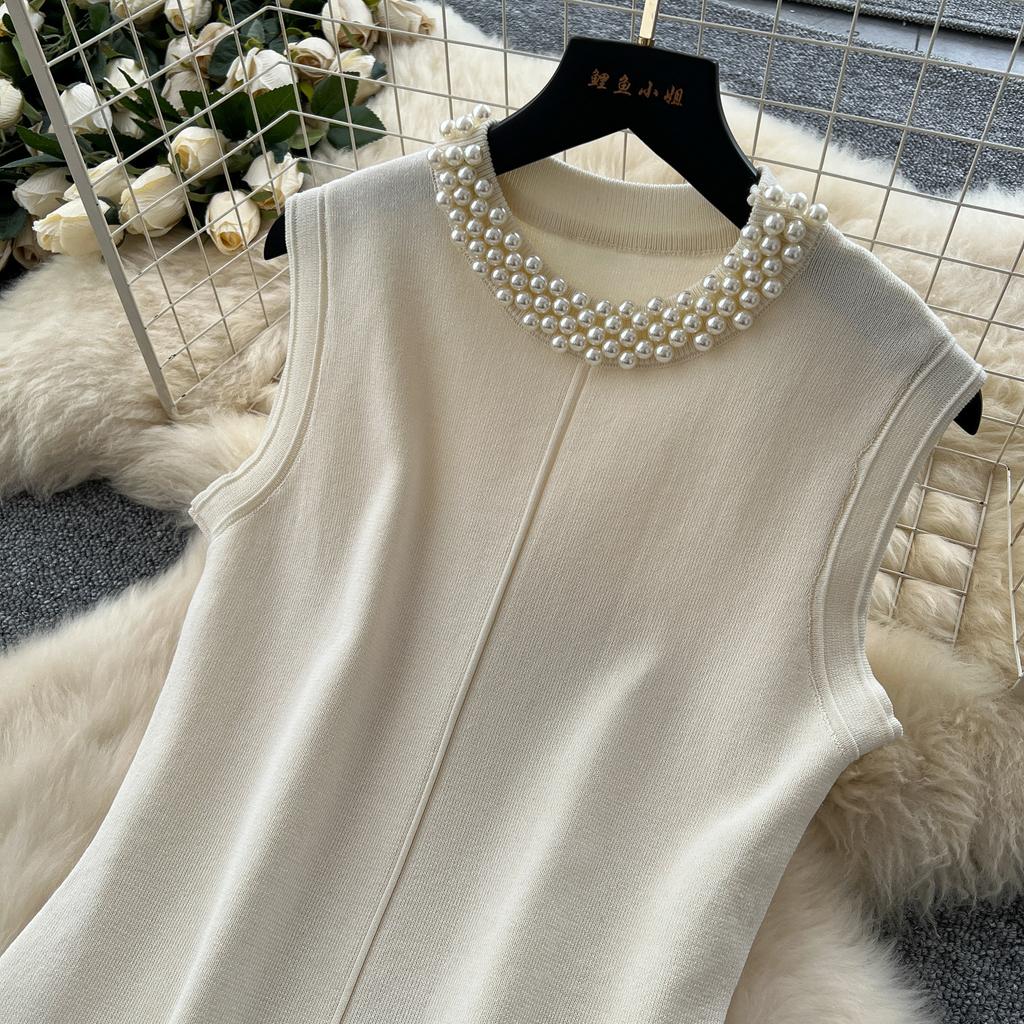 Summer dress small fragrant celebrity bead round neck sleeveless thin knitted dress women's fashionable color matching French sweater skirt