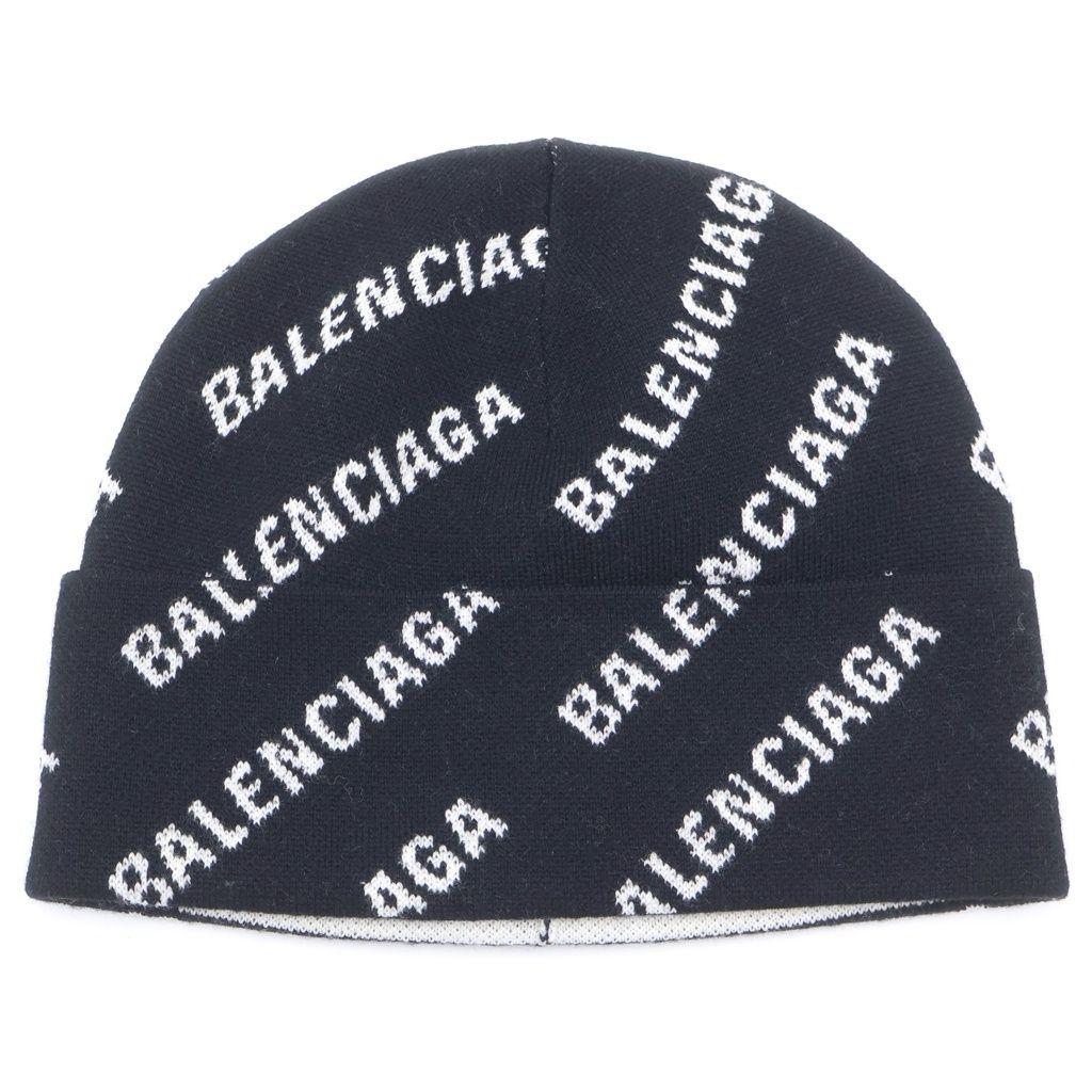 Used BALENCIAGA 22AW All Over Logo Wool Knit Cap Hat Black 719580 T1660