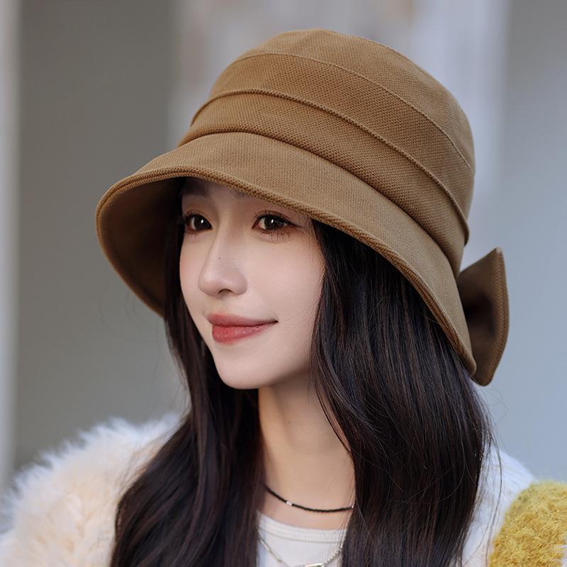 Back Split Bow Bucket Hat Women's Autumn and Winter New Sunscreen Basin Hat Elegant Temperament Versatile Plain Hat