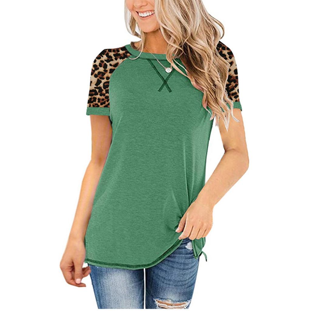Fashion Womens Leopard Splicing Round Neck Casual Long Sleeve Tops